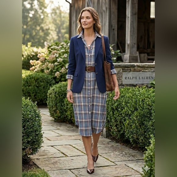 Polo by Ralph Lauren Blue and Cream Plaid Tie-Waist Midi Dress - Picture 5 of 7